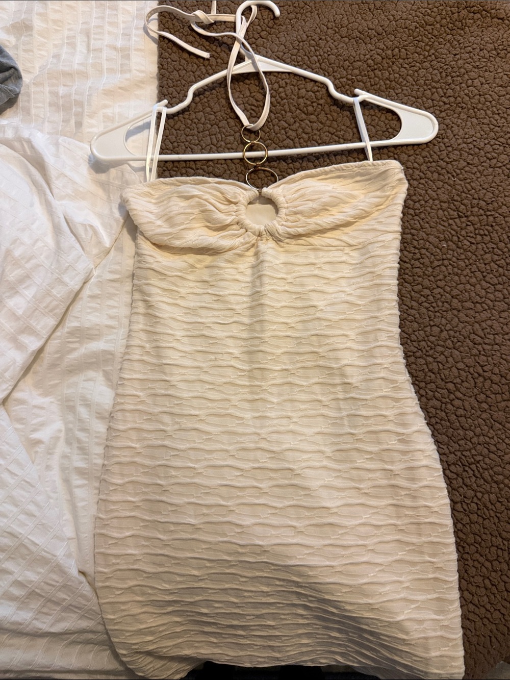 Strapless Cream Ruched Halter Mini Dress